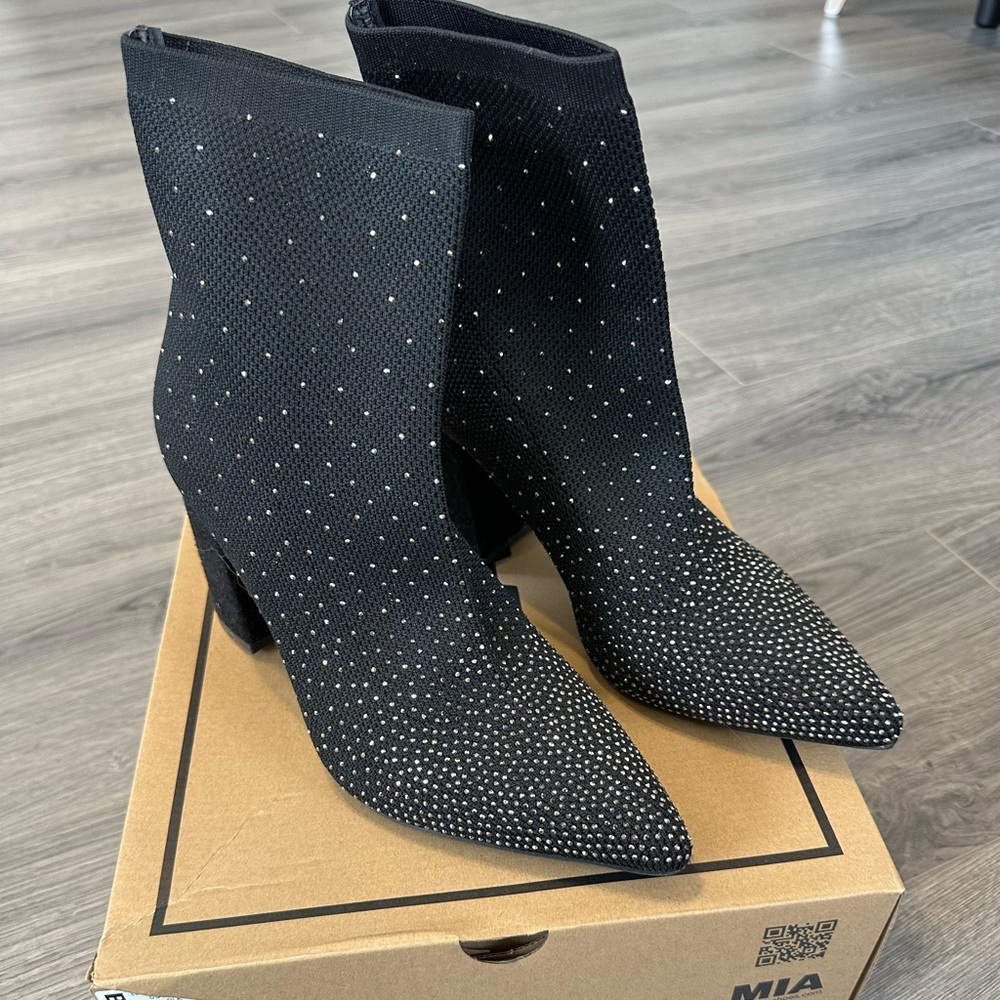 Buckle Black Rhinestone Stretch Sock Heeled Boots